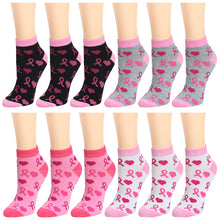 Load image into Gallery viewer, 12-Pack Pink Ribbon Women's Ankle Socks